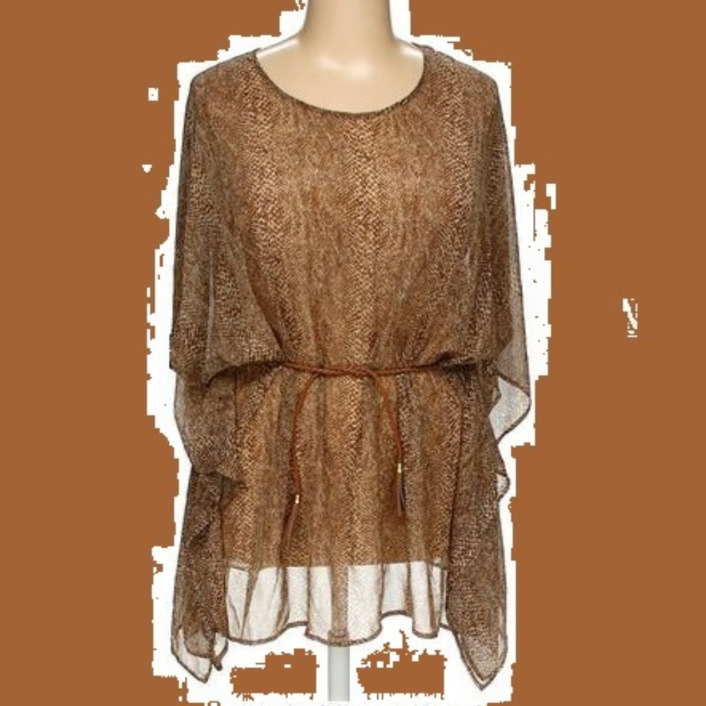 Brown Snakeskin Print Sheer Popover Blouse